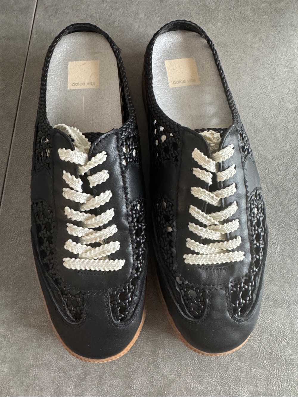 Dolce Vita Black Woven Slip-On Mules with Cream Laces - Never Worn!